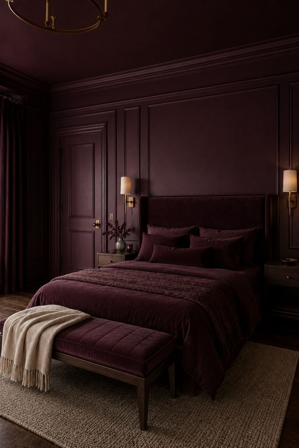 plum drench color drenched bedroom idea