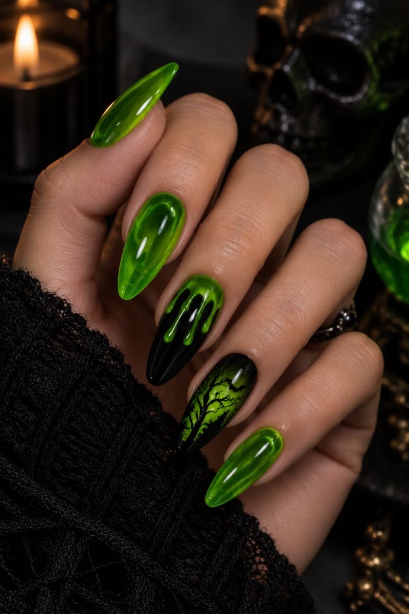 poison green slime halloween nail design