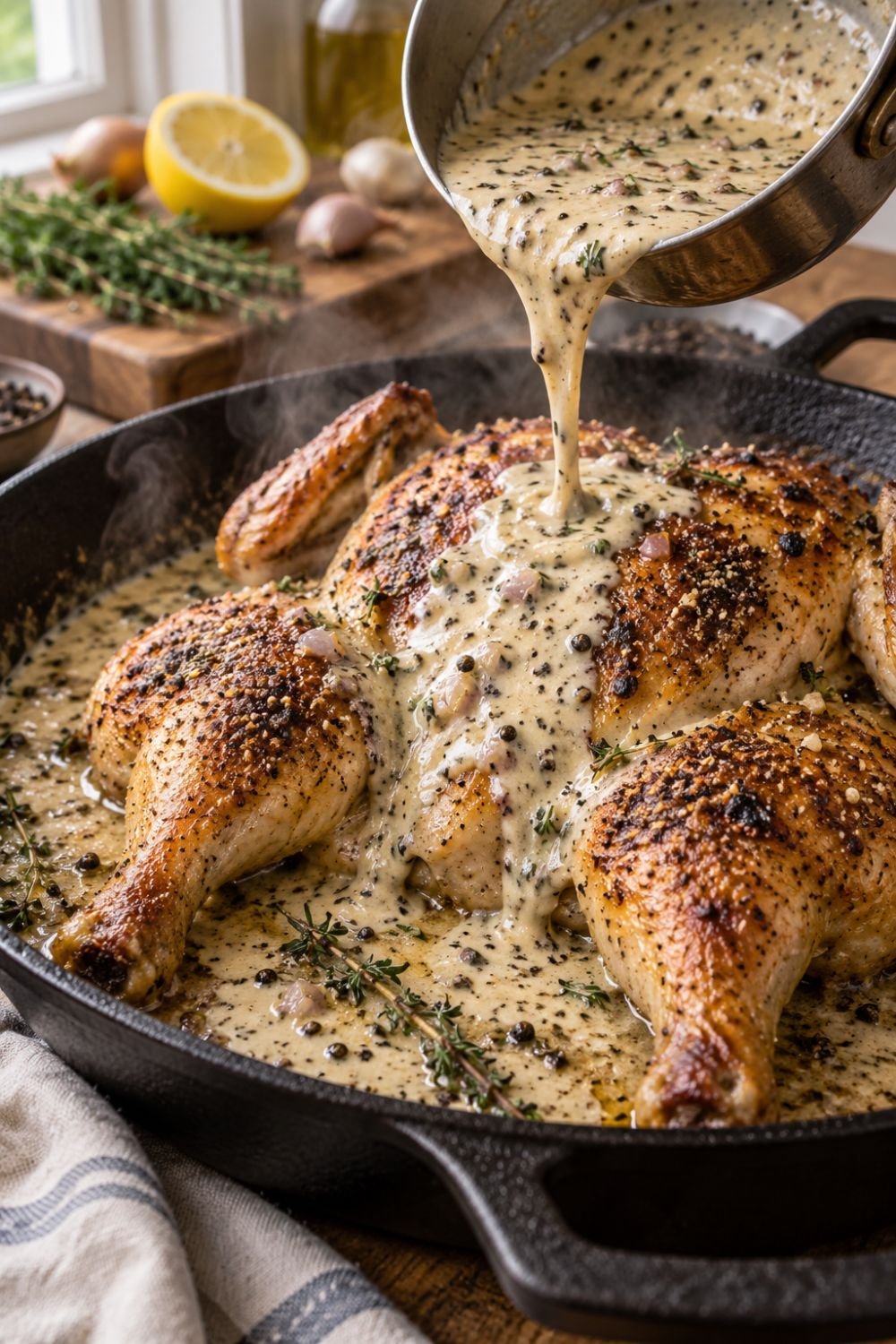 pouring peppercorn cream sauce over roasted chicken