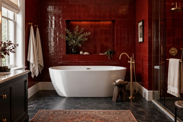 red bathroom decor with crimson tile and freestanding tub