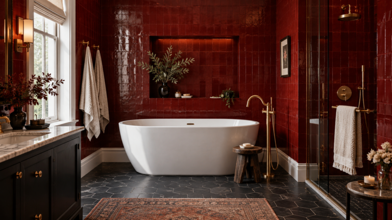 red bathroom decor with crimson tile and freestanding tub