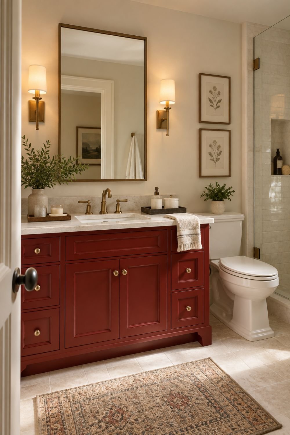 red cabinetry red bathroom decor idea