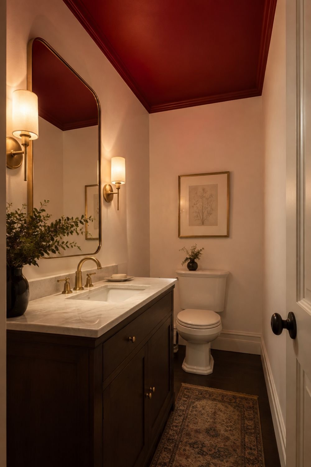 red ceiling red bathroom decor idea