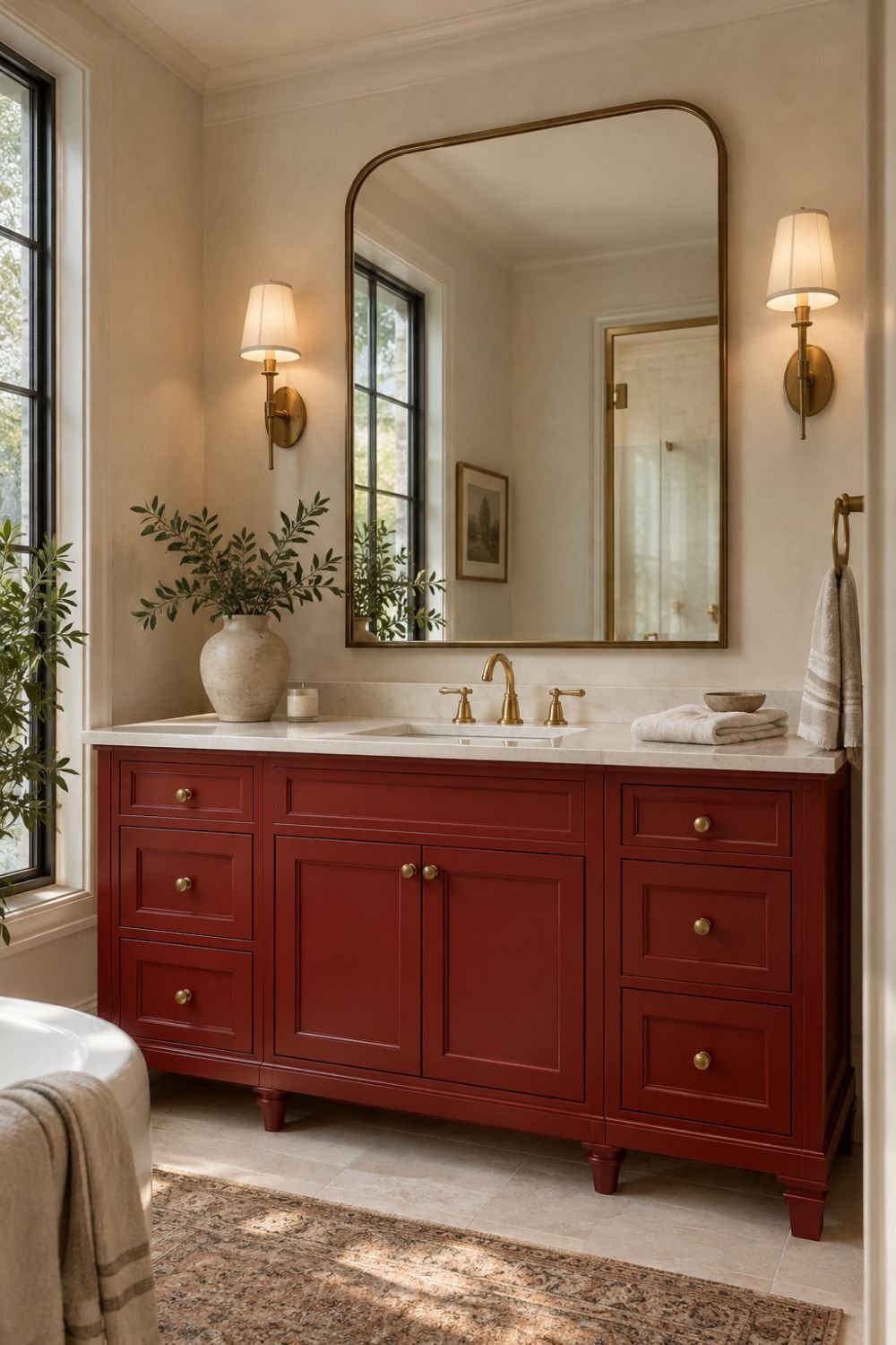 red vanity red bathroom decor idea