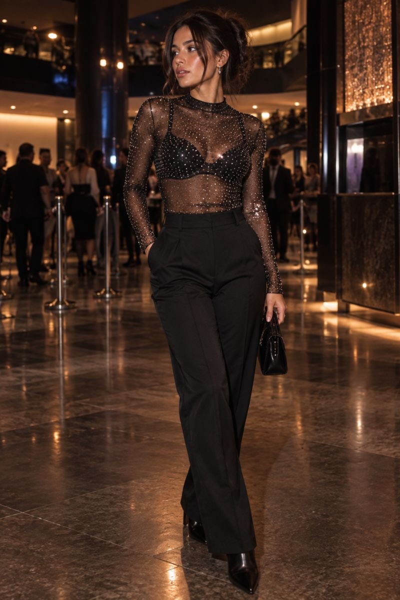 rhinestone mesh top usher concert outfit idea