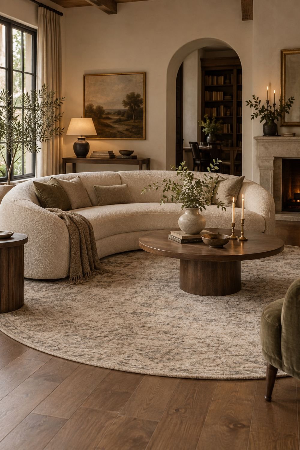 round rug curved sofa living room idea
