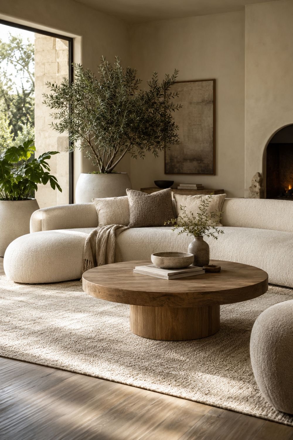 rounded planters curved sofa living room idea