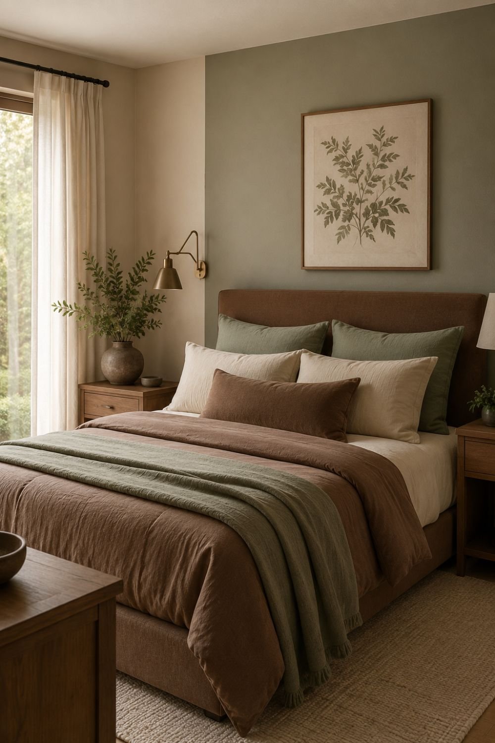sage green pairing mocha mousse bedroom idea