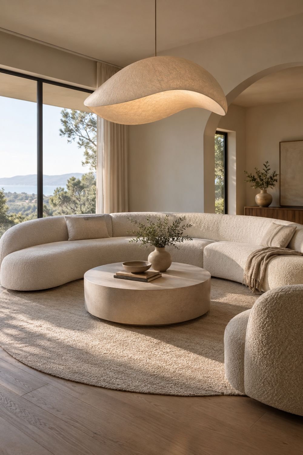 sculptural lighting curved sofa living room idea