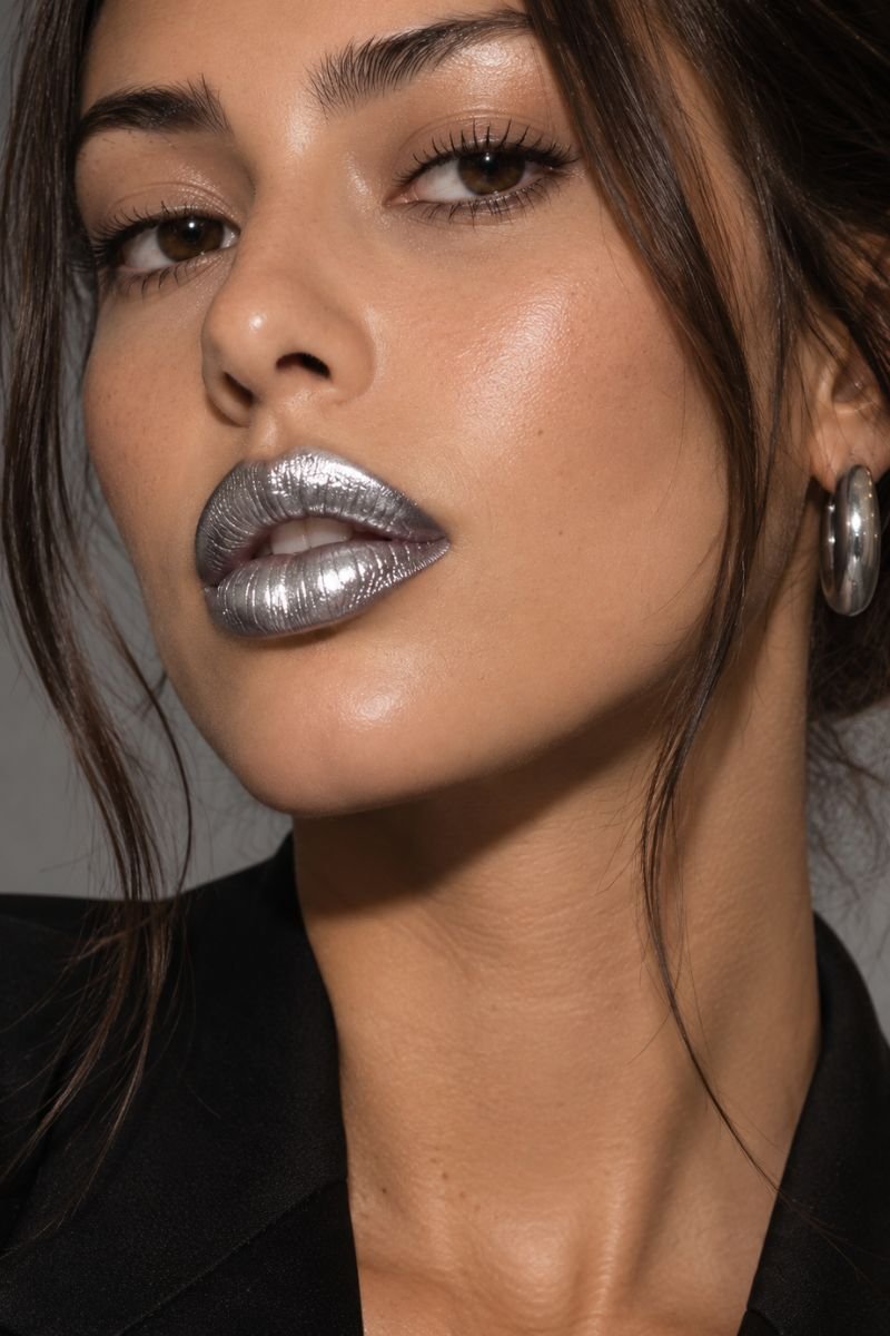 silver chrome frosted lipstick makeup idea
