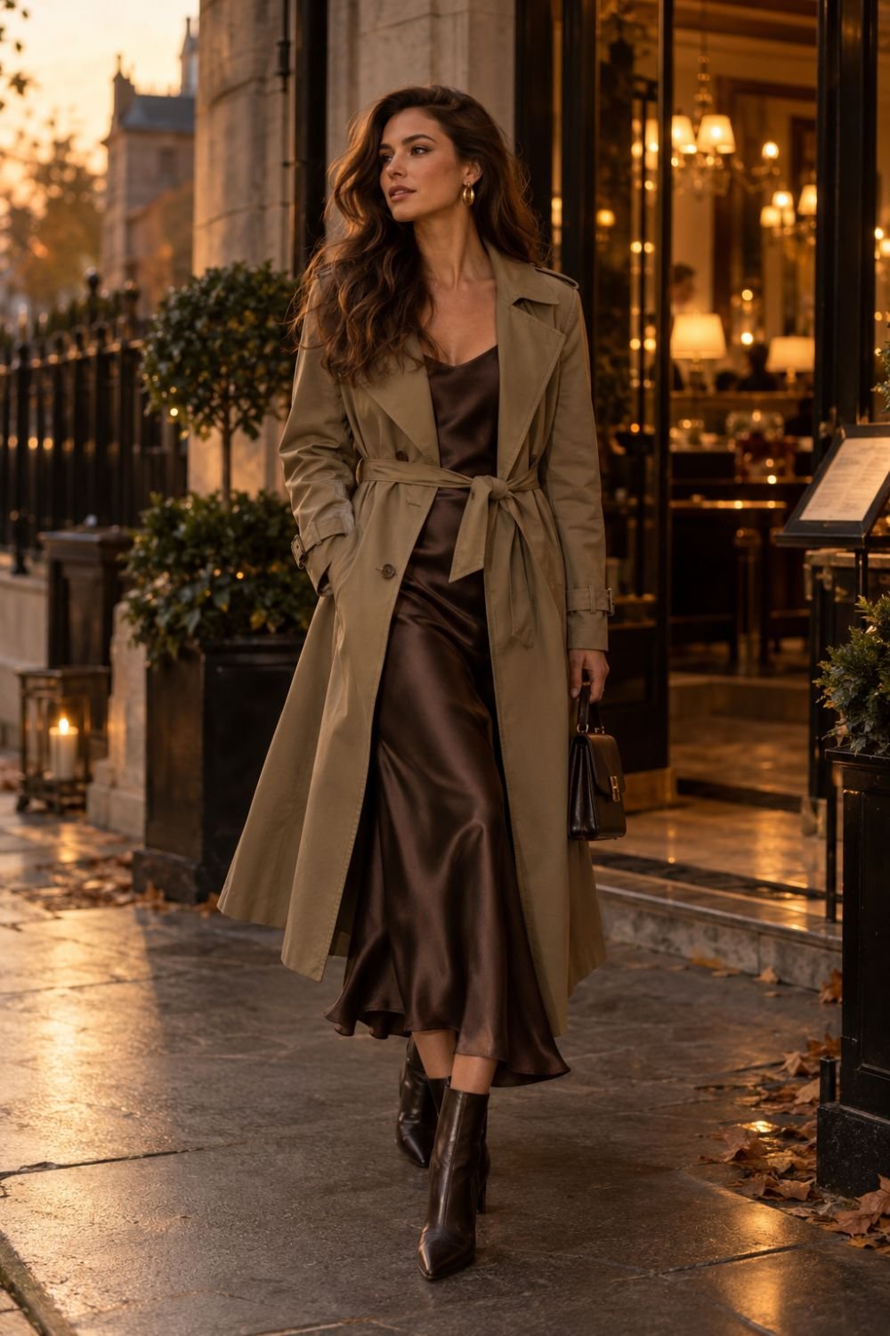 slip dress and belted khaki trench coat outfit for fall]
