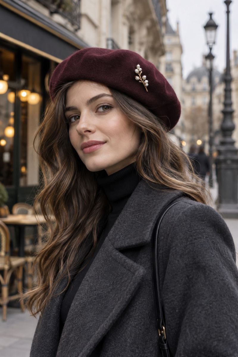 small brooch pinned on beret