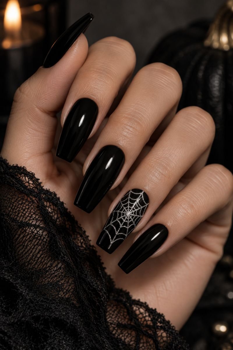 spiderweb accent halloween nail design