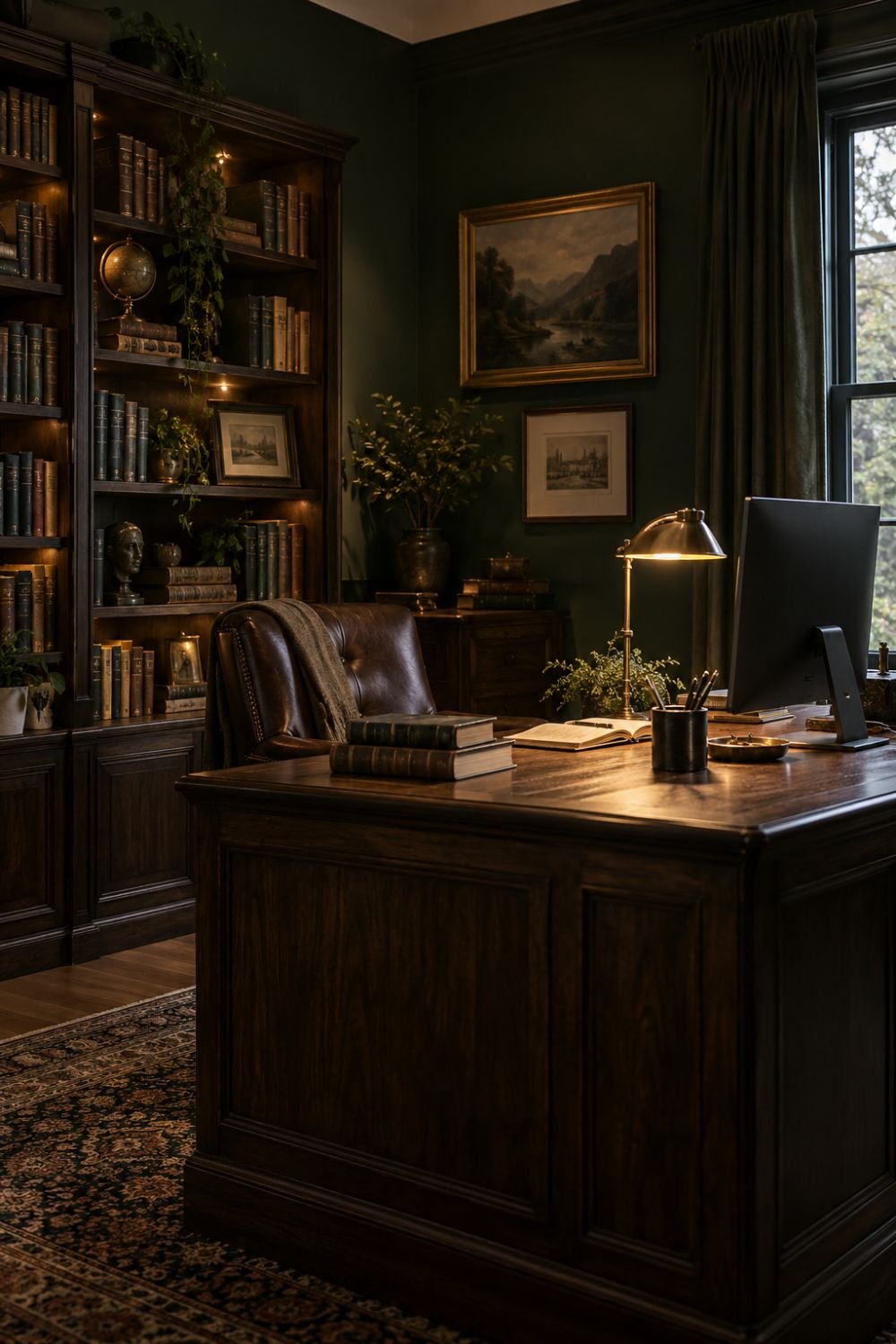 string lights dark academia home office idea