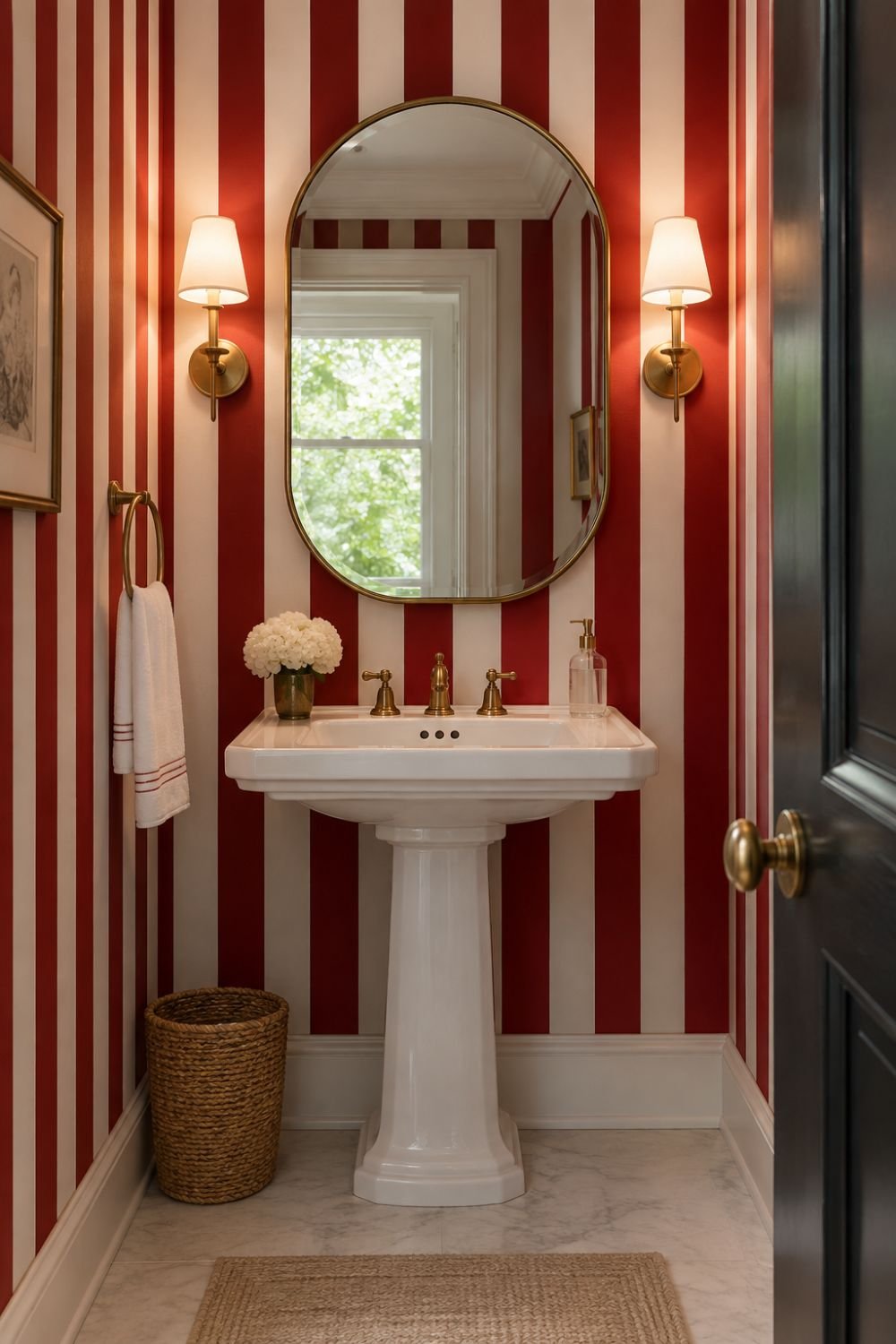 striped walls red bathroom decor idea