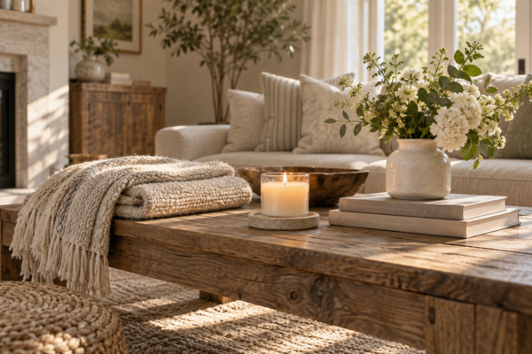 sunday reset routine decor with candle and folded throw