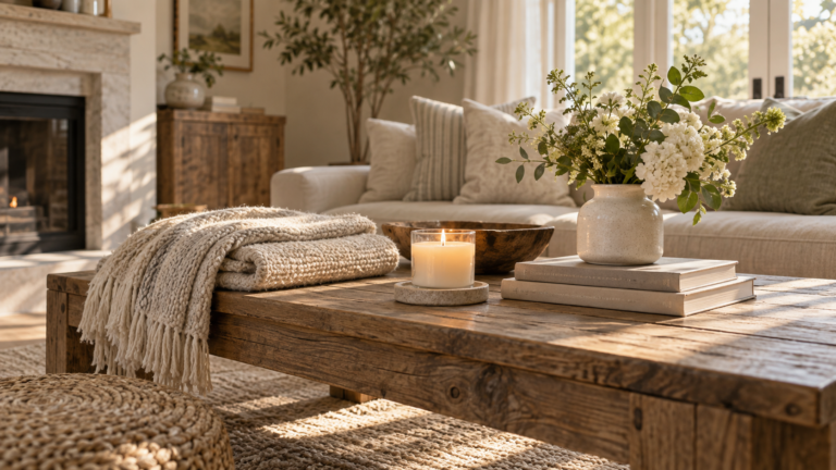 sunday reset routine decor with candle and folded throw