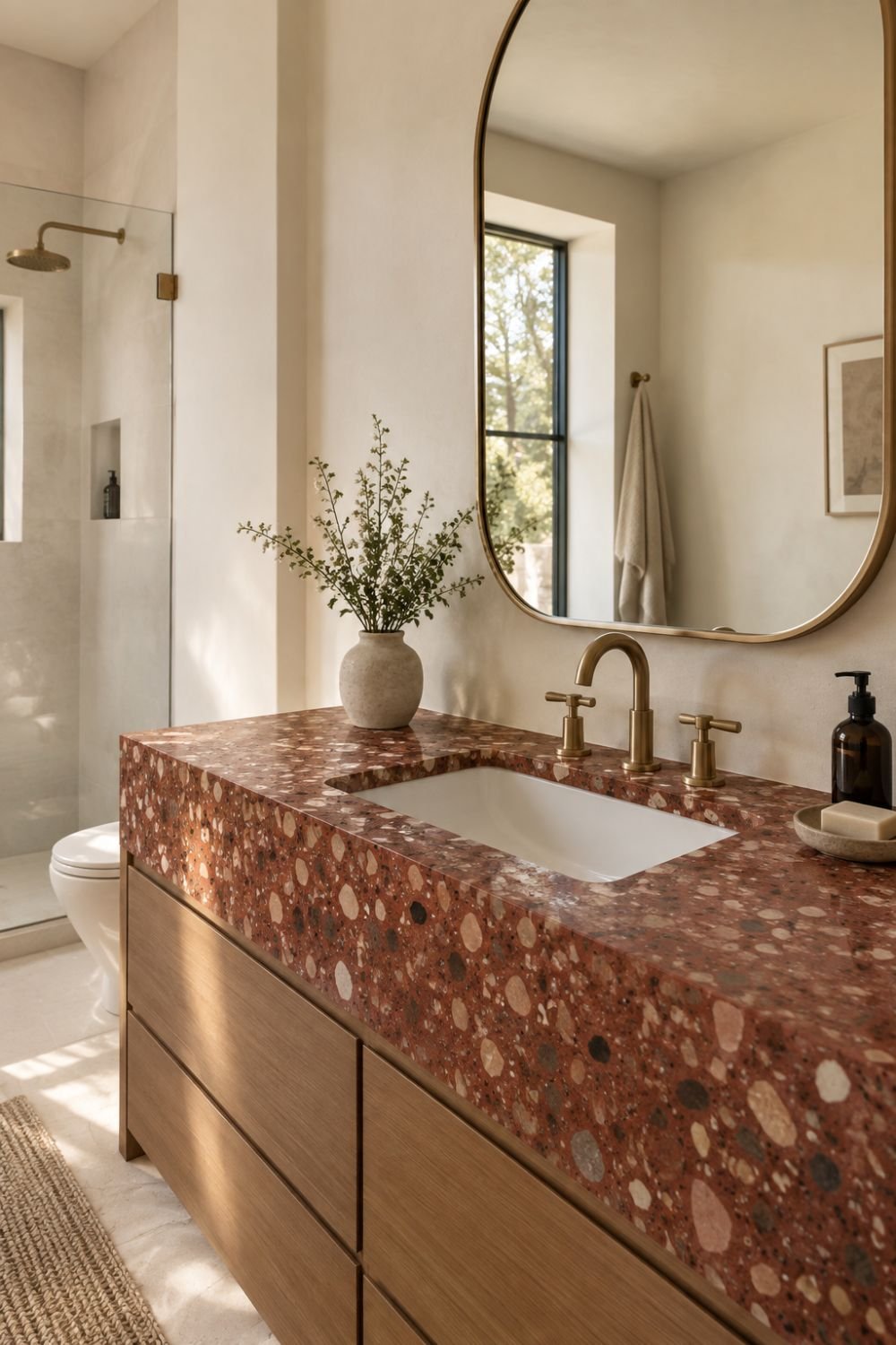 terrazzo vanity red bathroom decor idea