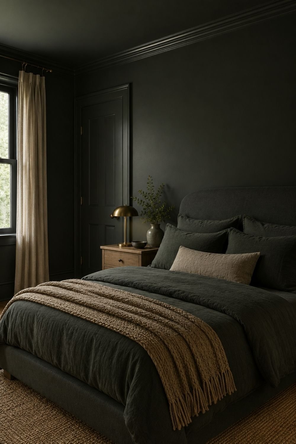 texture contrast color drenched bedroom idea