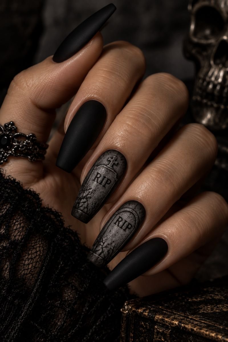 tombstone text halloween nail design