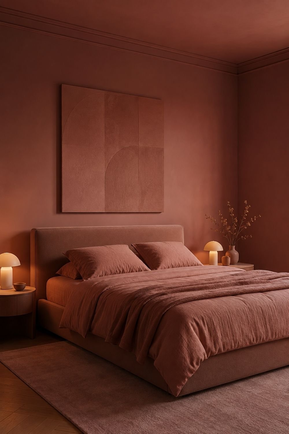 tonal art color drenched bedroom idea
