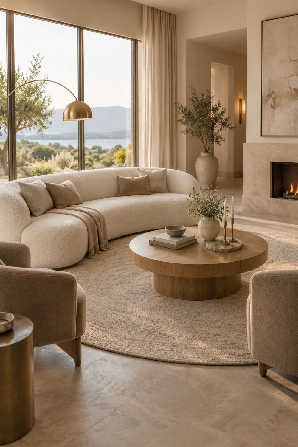 tonal palette curved sofa living room idea