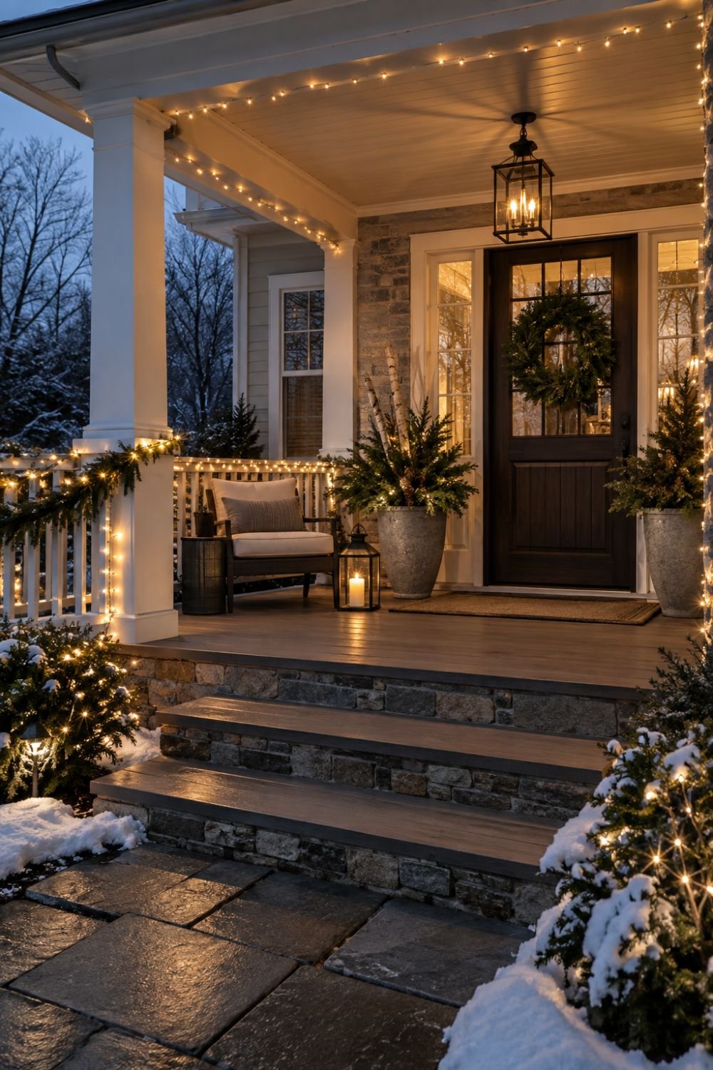 twinkle lights winter front porch idea
