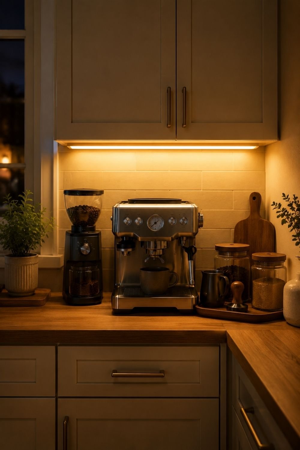  under cabinet lighting coffee bar styling idea