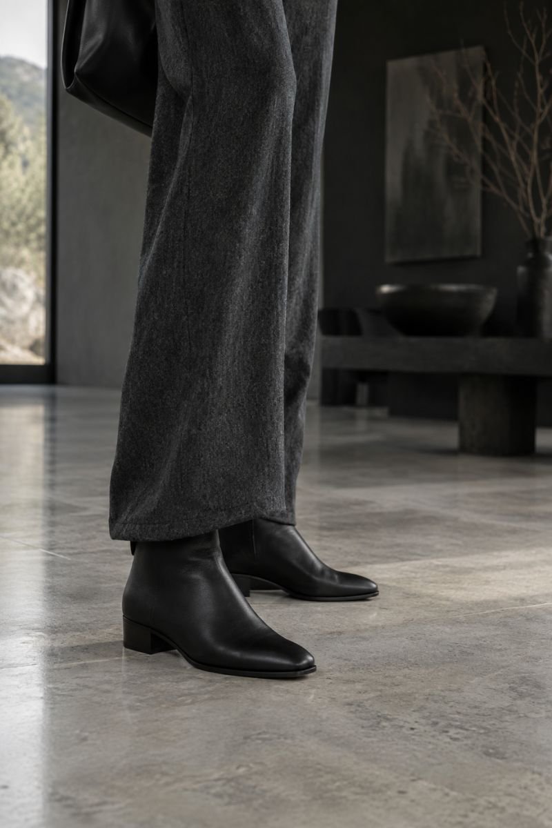 understated black boots zen goth outfit idea