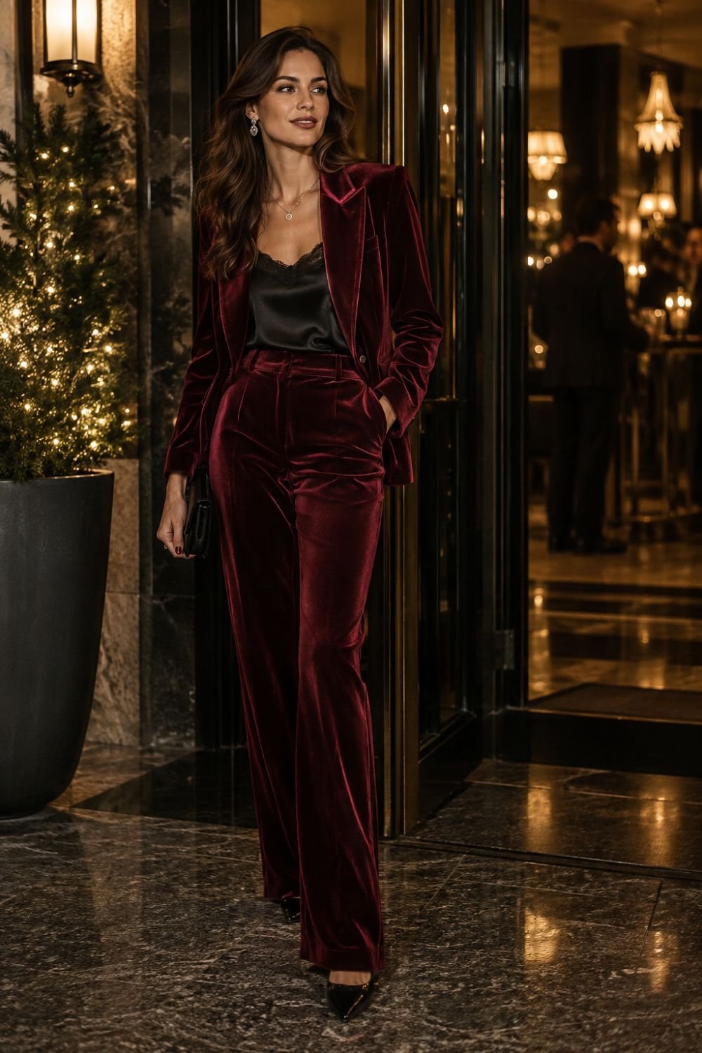 velvet blazer evening outfit for winter]