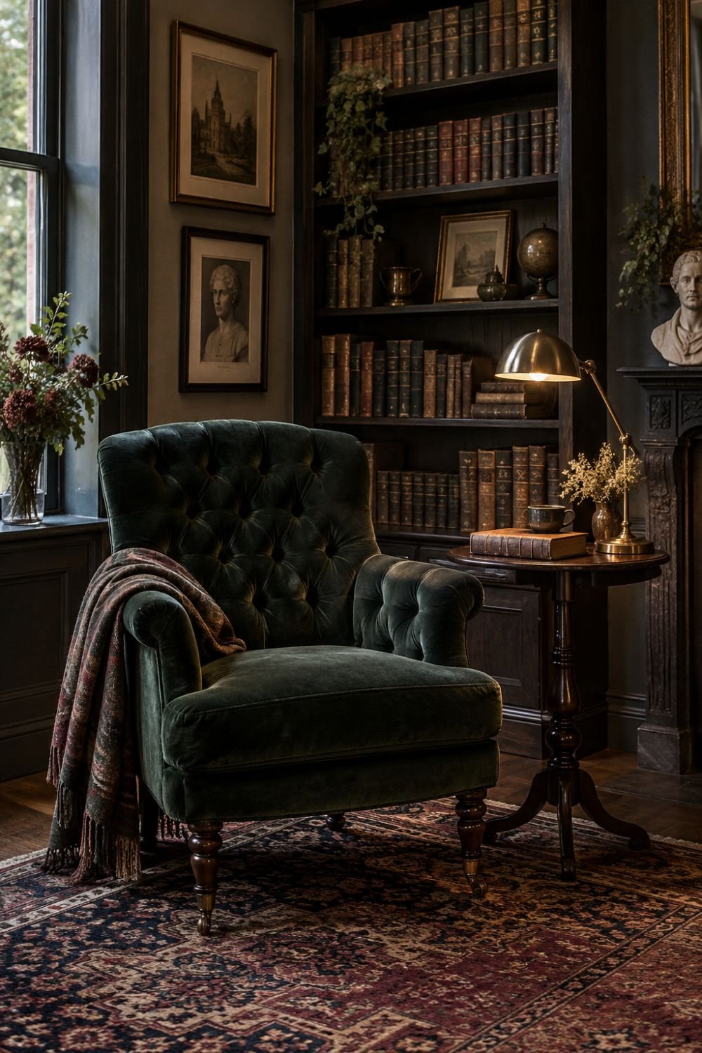 velvet chair dark academia home office idea