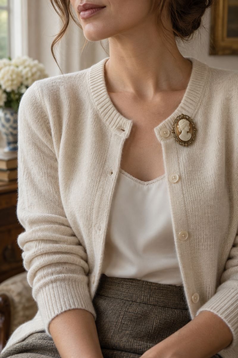 vintage cameo brooch pinned on cream cardigan