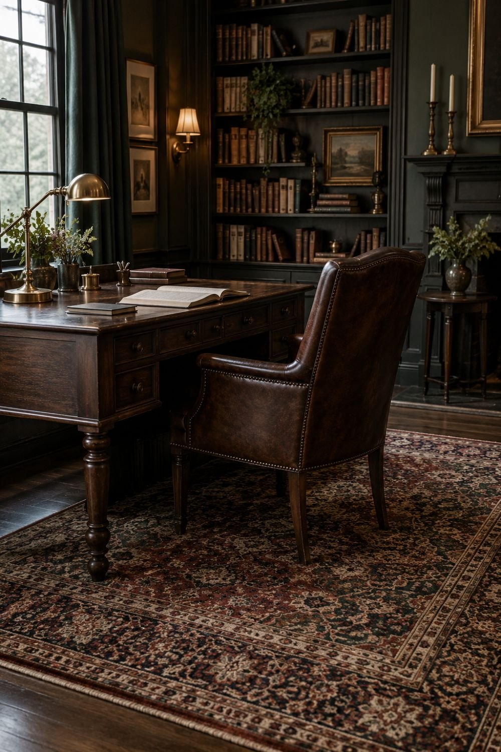 vintage rug dark academia home office idea