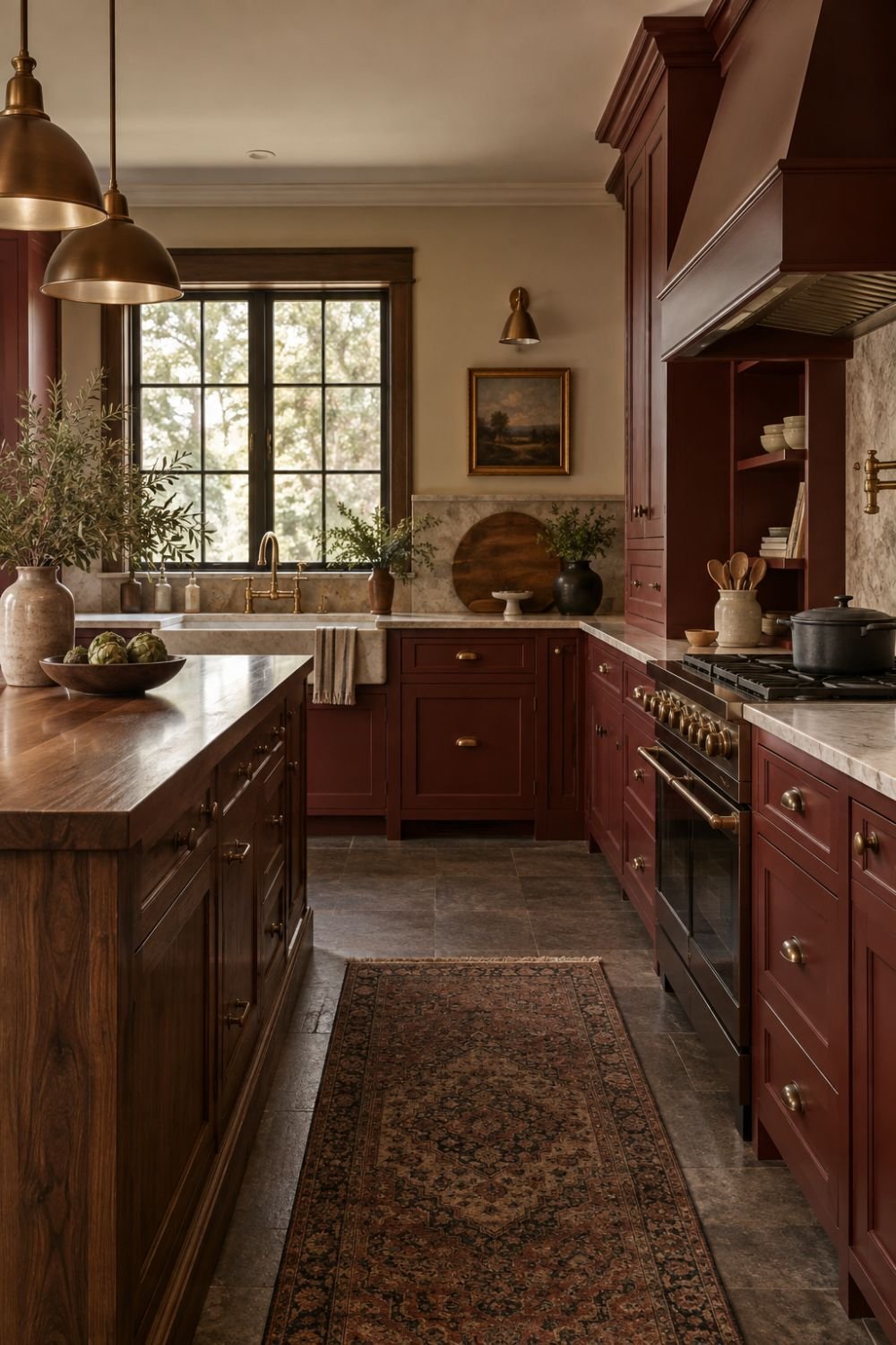walnut accents oxblood kitchen idea