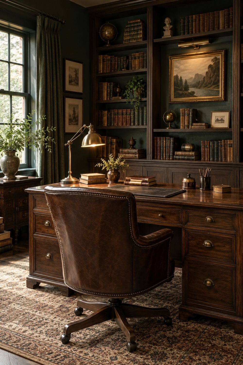 walnut desk dark academia home office idea