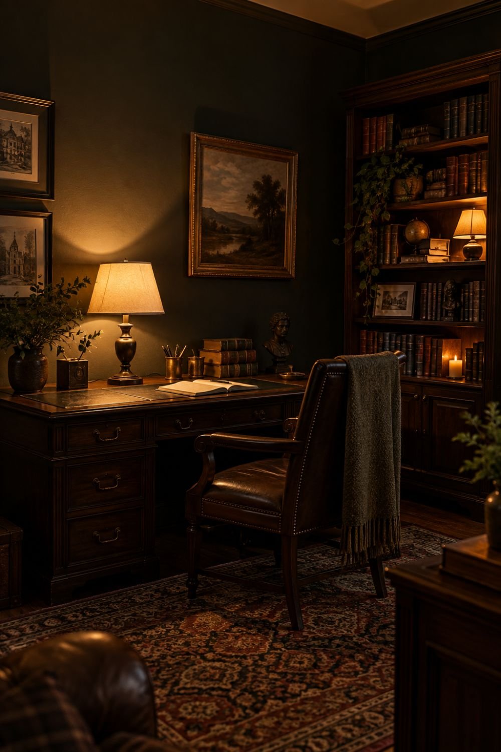 warm lighting dark academia home office idea