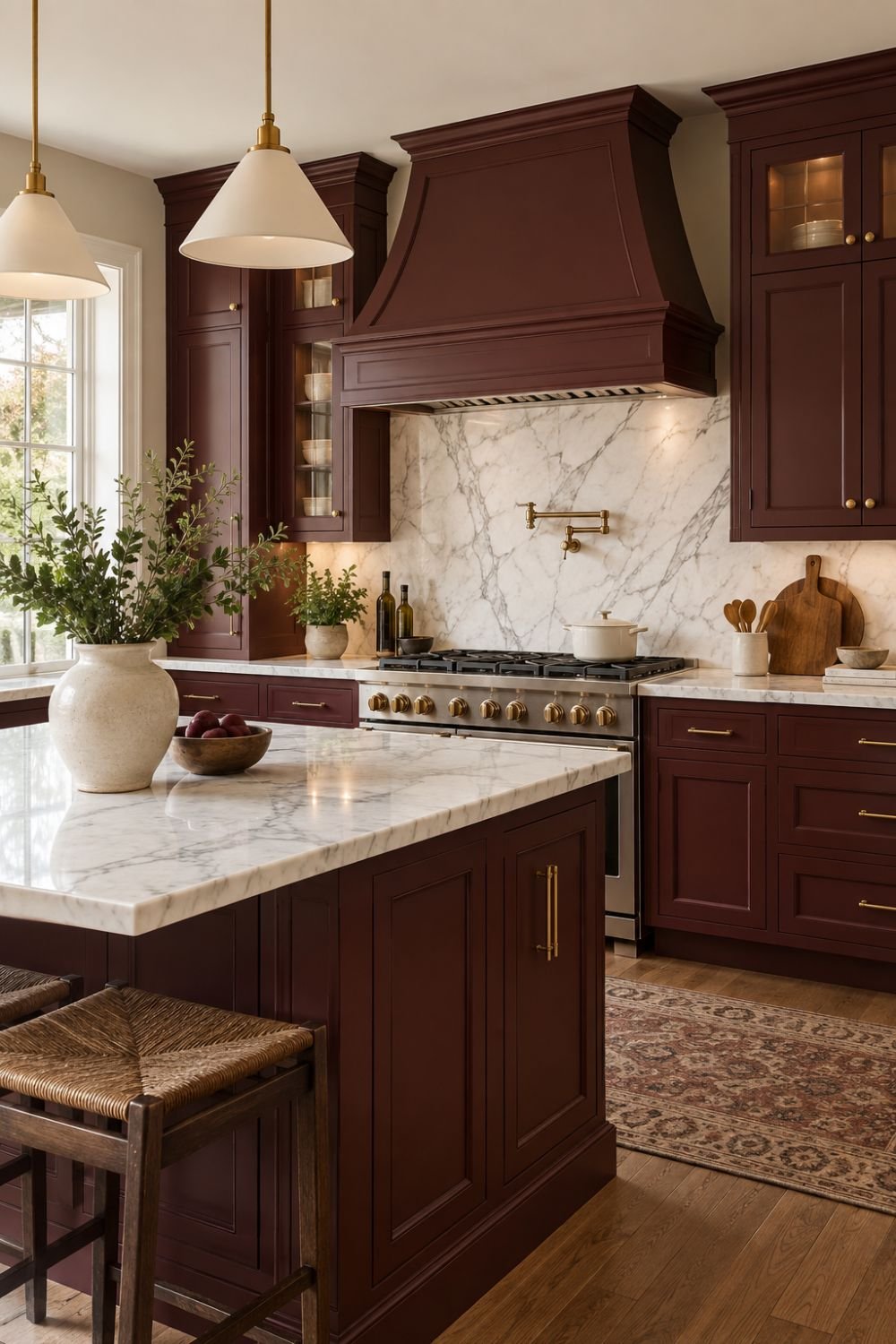 white marble oxblood kitchen idea