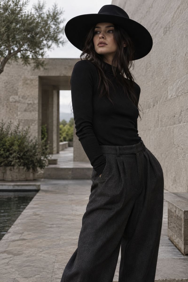 wide brim black hat zen goth outfit idea