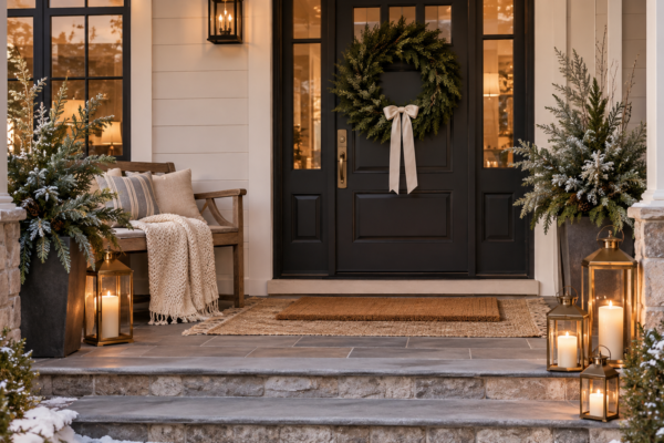 winter front porch ideas with evergreen wreath and glowing lanterns