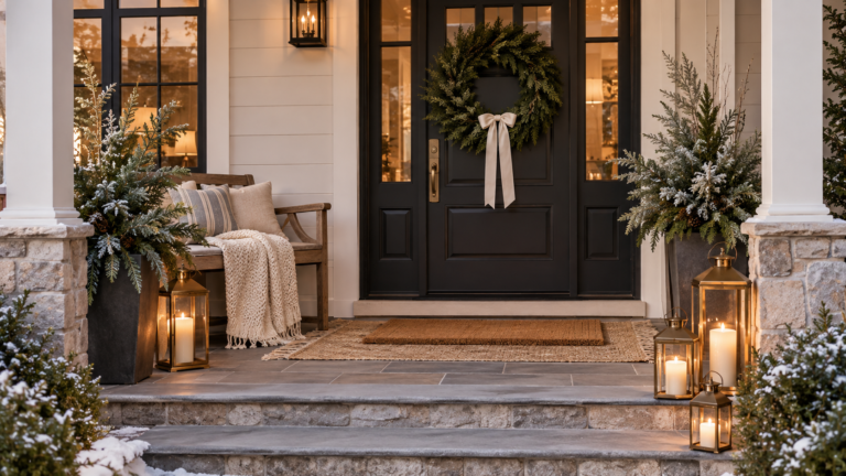 winter front porch ideas with evergreen wreath and glowing lanterns