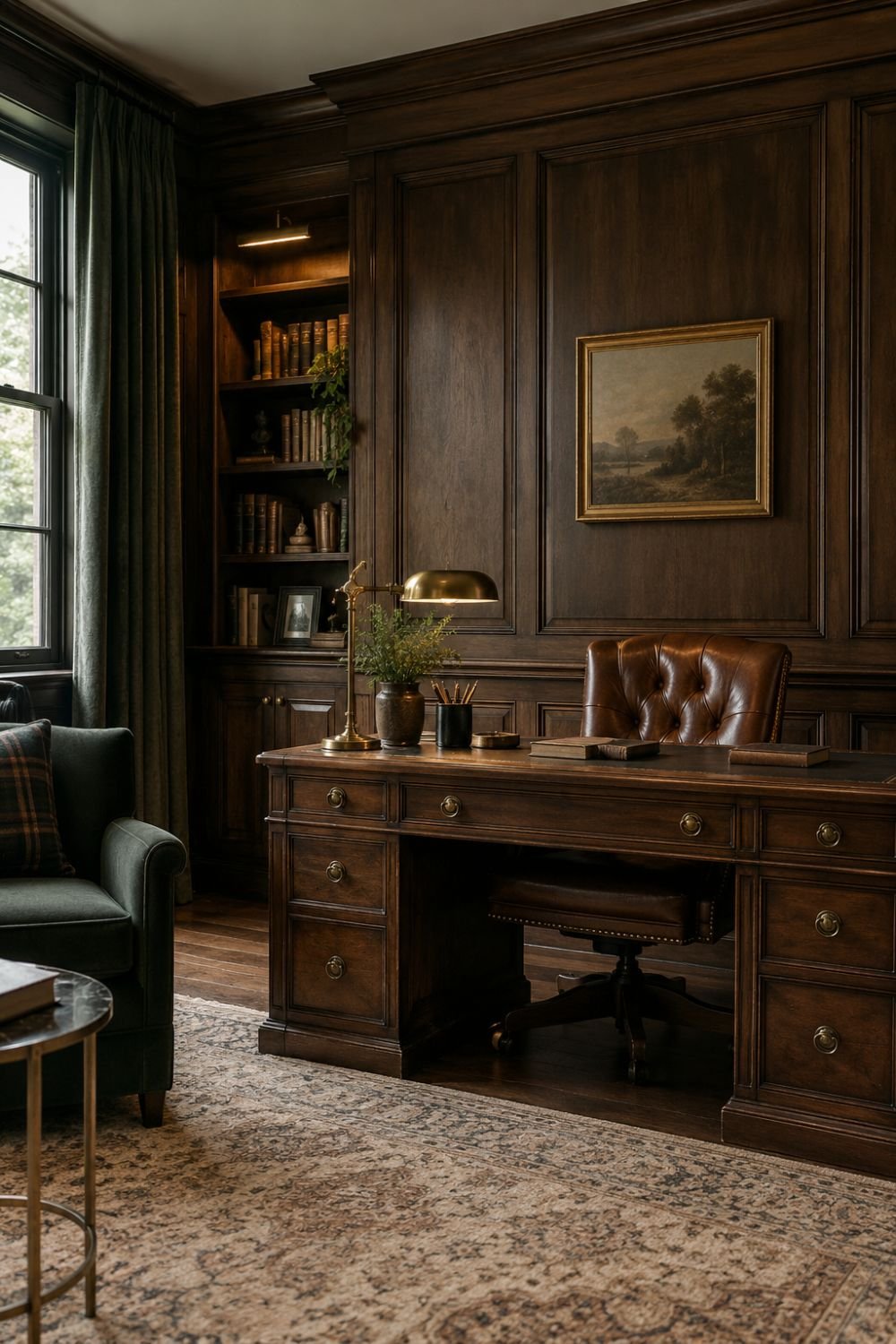 wood paneling dark academia home office idea