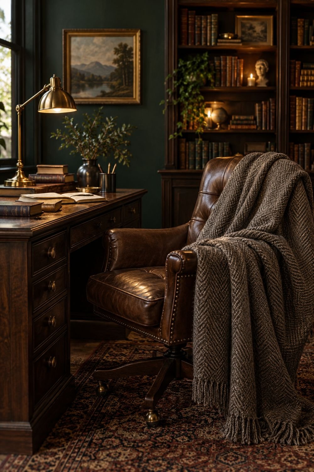 wool throw dark academia home office idea
