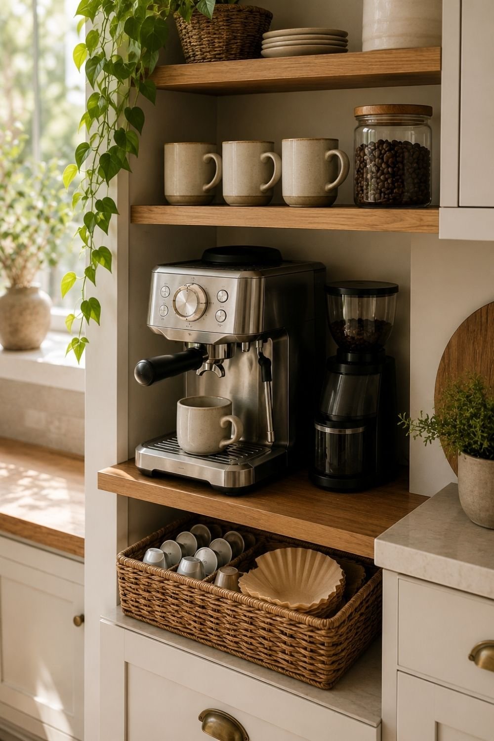 woven basket coffee bar styling idea