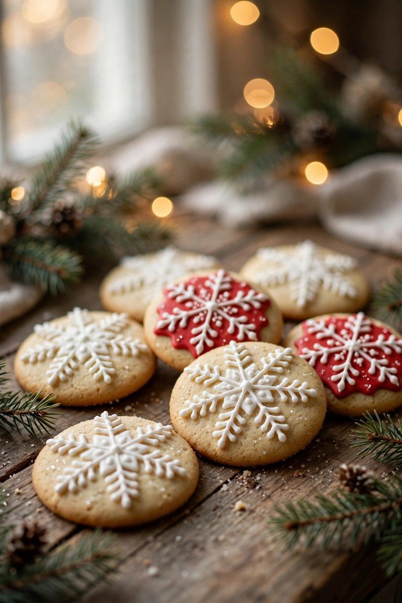 Decorated Christmas sugar cookies with red and white royal icing snowflakes