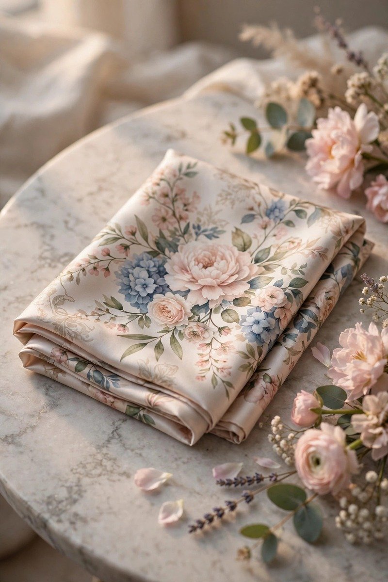 Elegant silk scarf in floral print, folded