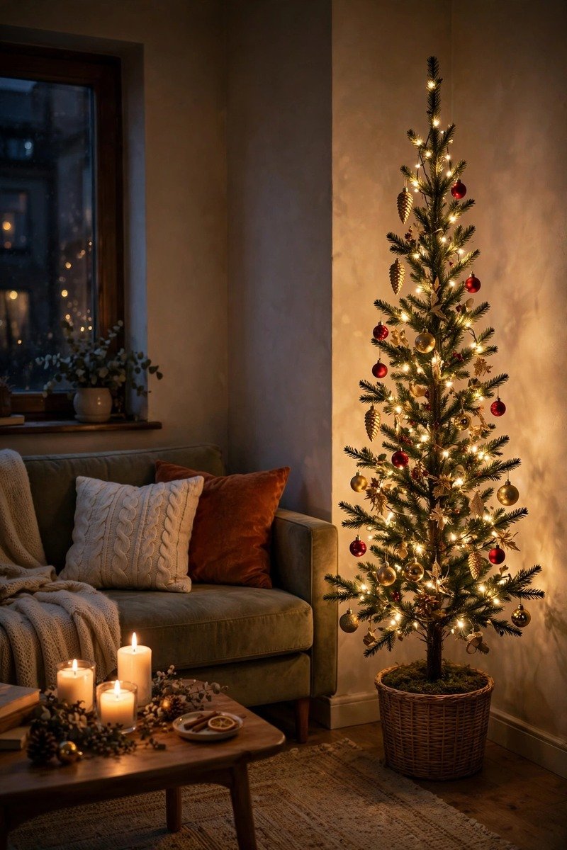 Pencil Christmas tree in a small living room corner