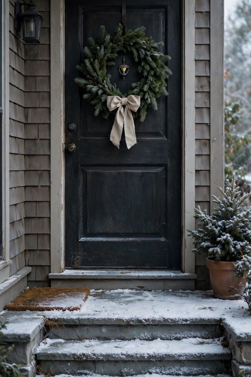 Evergreen wreath with a linen bow on a front door