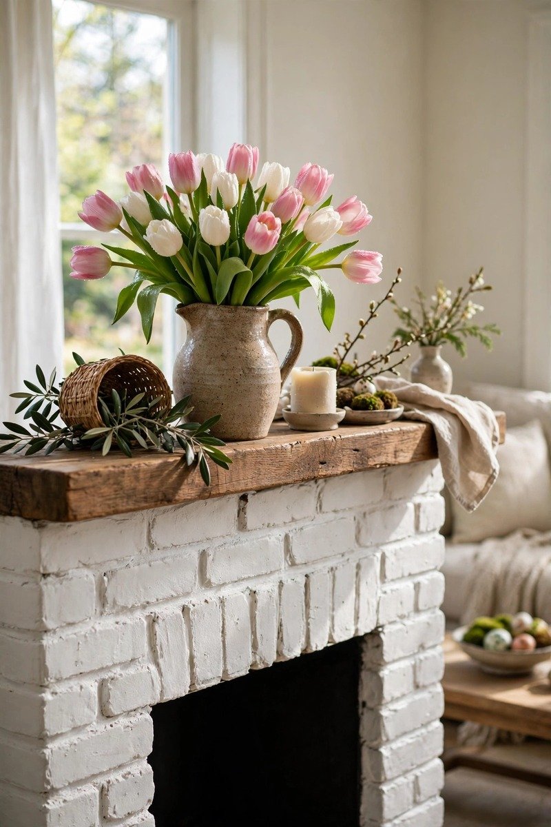 Tulips in a stoneware pitcher on a mantel