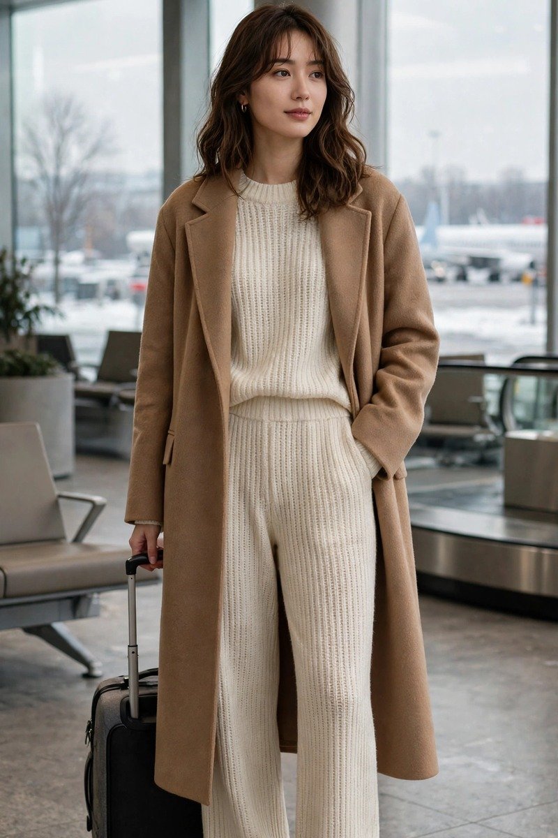 Cream knit co ord set with a long coat