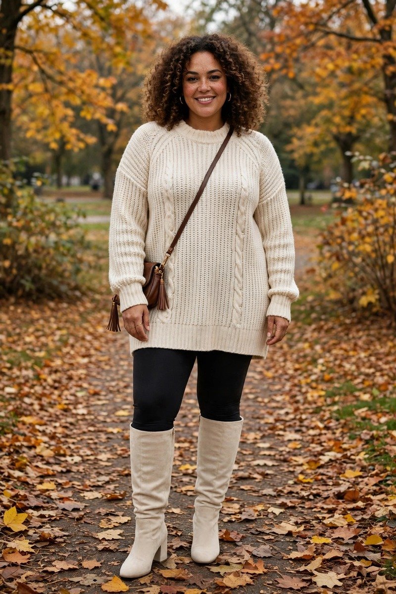 Cream tunic sweater with leggings and knee boots